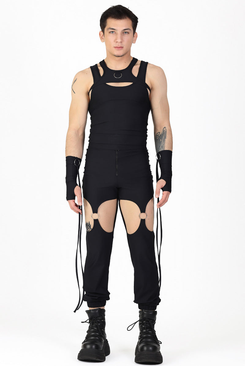Black Cut Out Ring Pants Front View