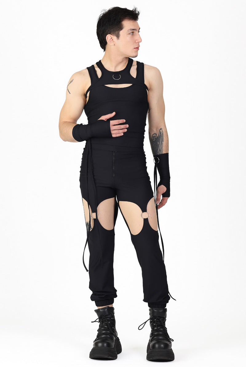 Black Cut Out Ring Pants Set Front View