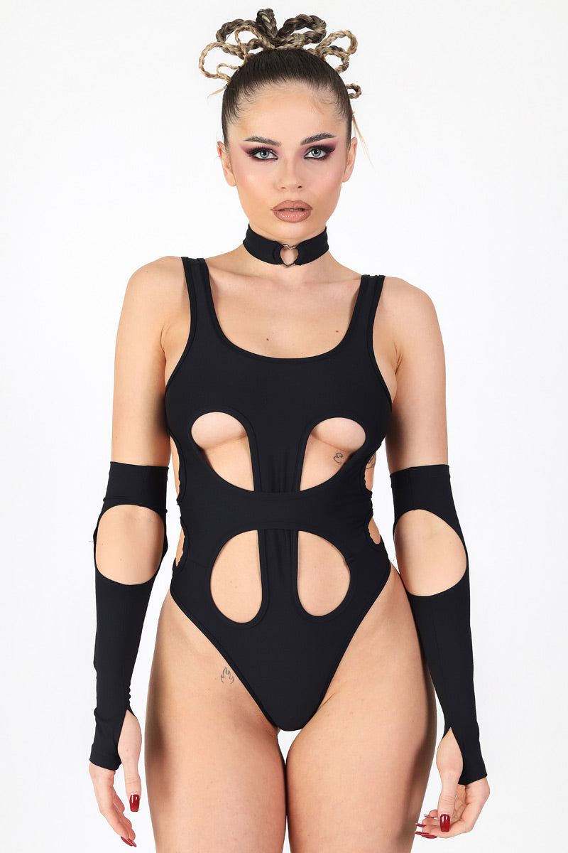 Black Cut Out Symmetrical Thong Bodysuit Front View