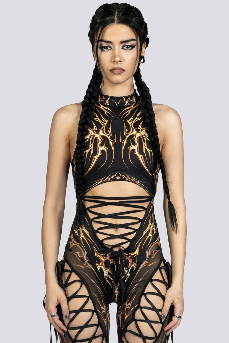 Black Gold Ribbon Cut Out Jumpsuit Festival Wear