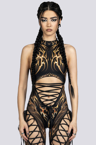 Black Gold Ribbon Cut Out Jumpsuit Festival Wear