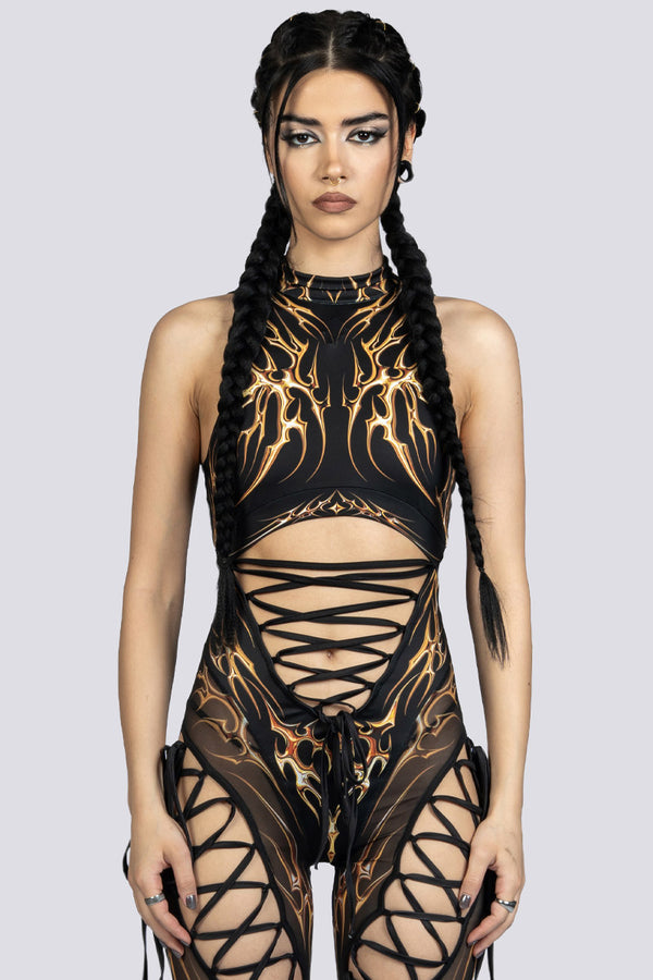 Black Gold Ribbon Cut Out Jumpsuit Festival Wear