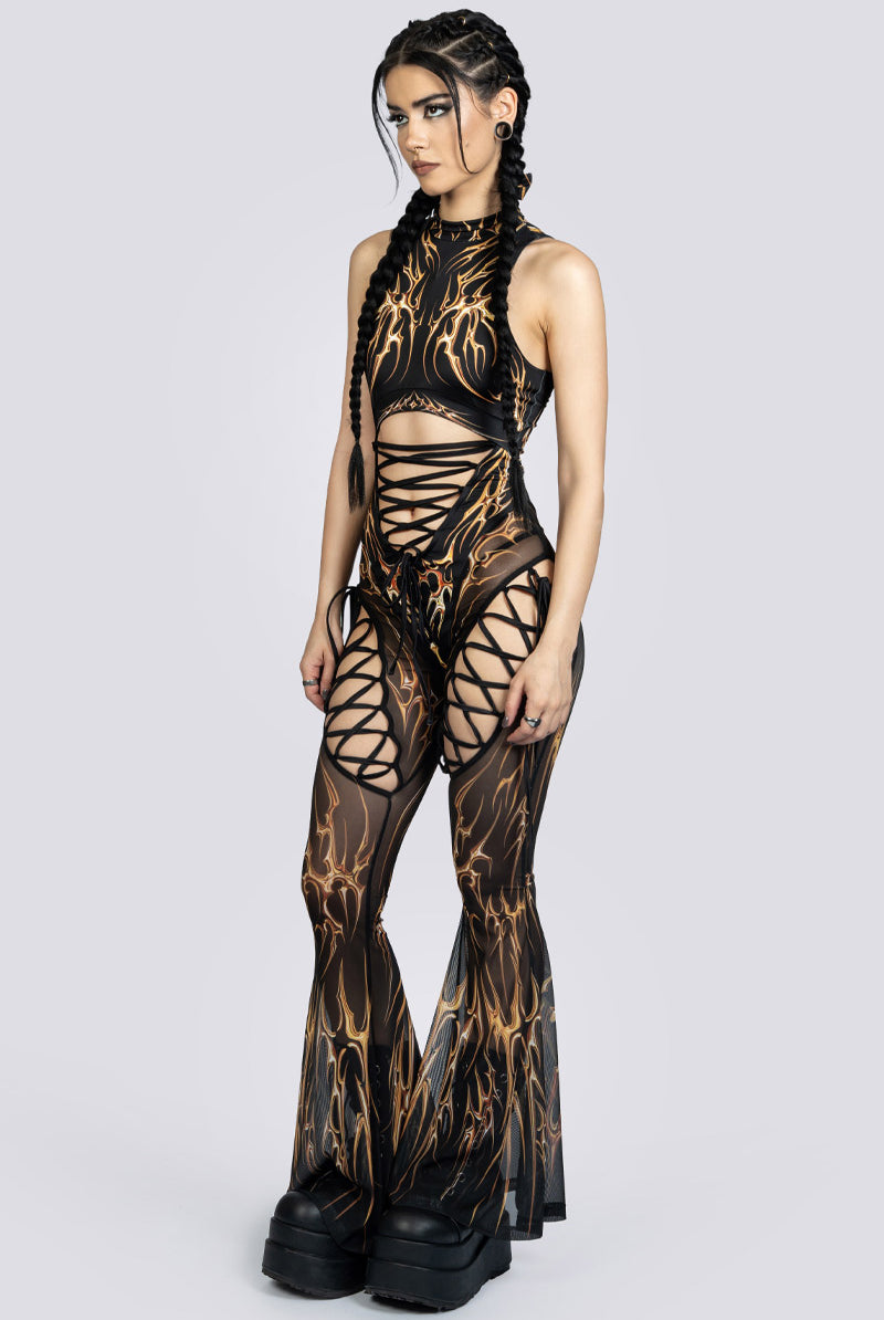 Black Gold Ribbon Cut Out Jumpsuit Rave Outfit