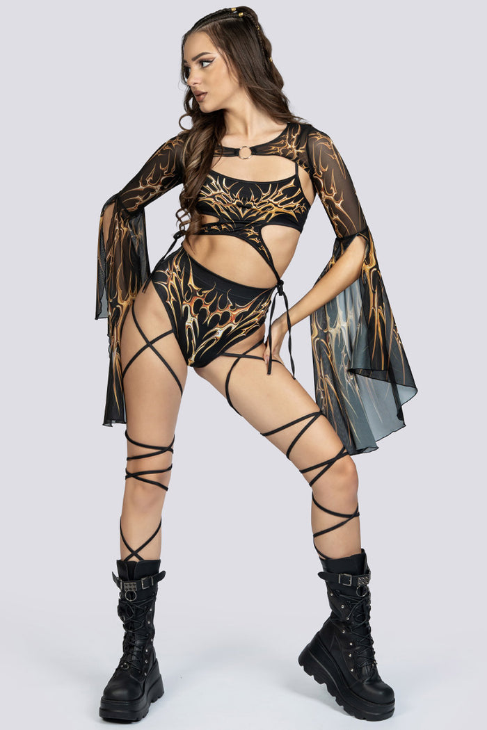 Black Gold Strappy Booty Shorts Festival Outfit