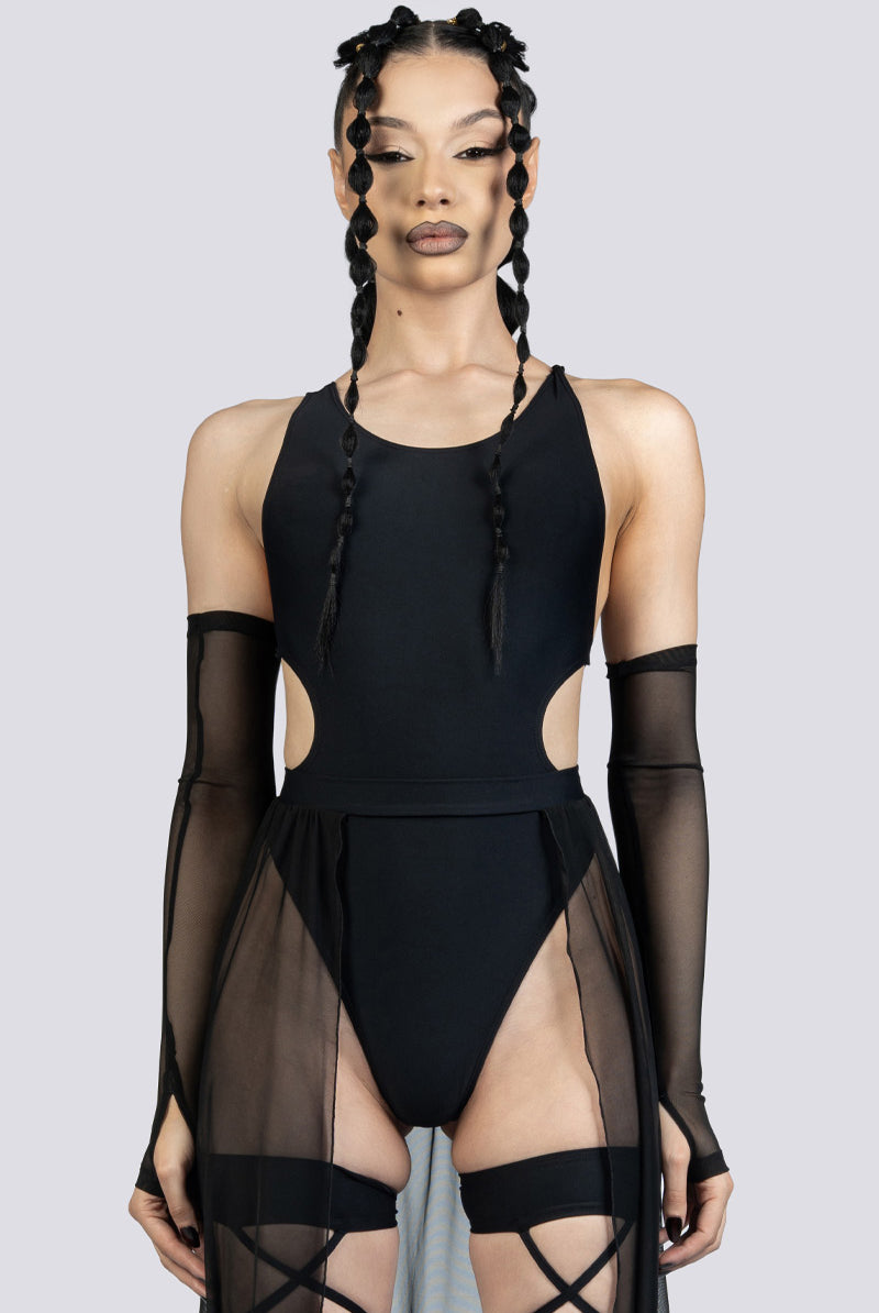Black High Cut Bodysuit Festival Outfit