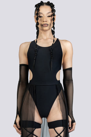 Black High Cut Bodysuit Festival Outfit