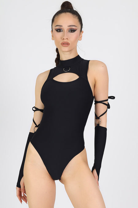 Rave Outfit Black High Neck Keyhole Bodysuit Close View