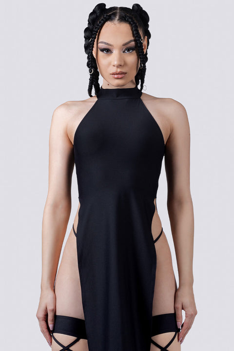 Rave Outfit Black High Slit Dress Knee Lenght Close Front View
