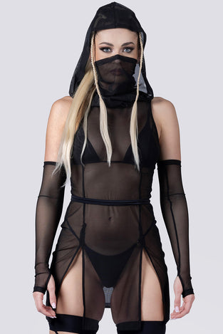 Rave Outfit Black Hooded Slit Mini Dress Close Front View