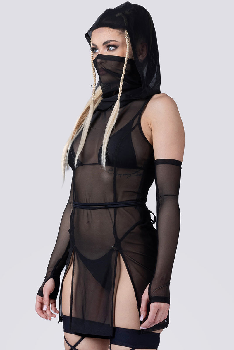 black-hooded-slit-mini-dress-close-side-view