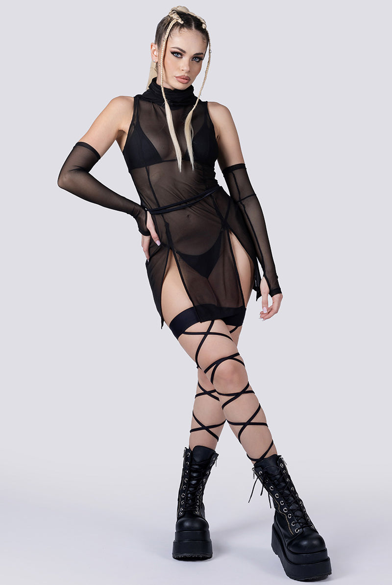 black-hooded-slit-mini-dress-front-view