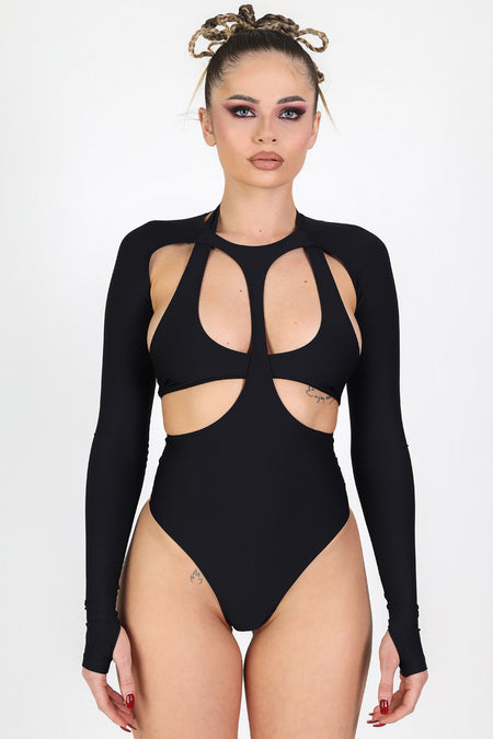 Rave Outfit Black Long Sleeve Cut Out Bodysuit Close View