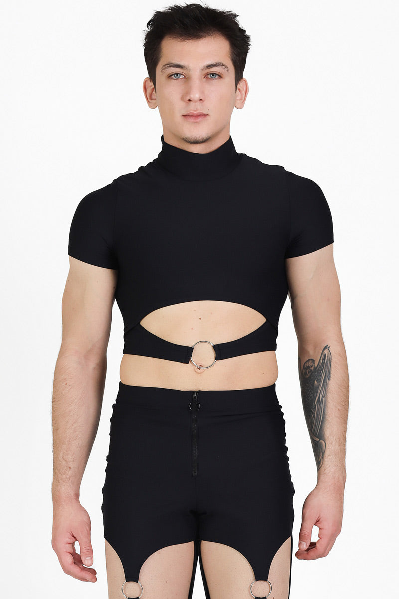 Black Men Cut Out Crop Top With Rings Close View