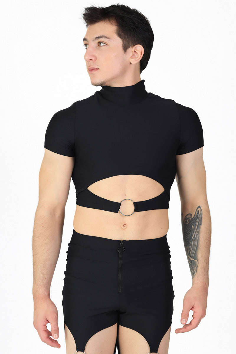 All Black Men s Cut Out Gay Crop Top with Rings Devil Walking