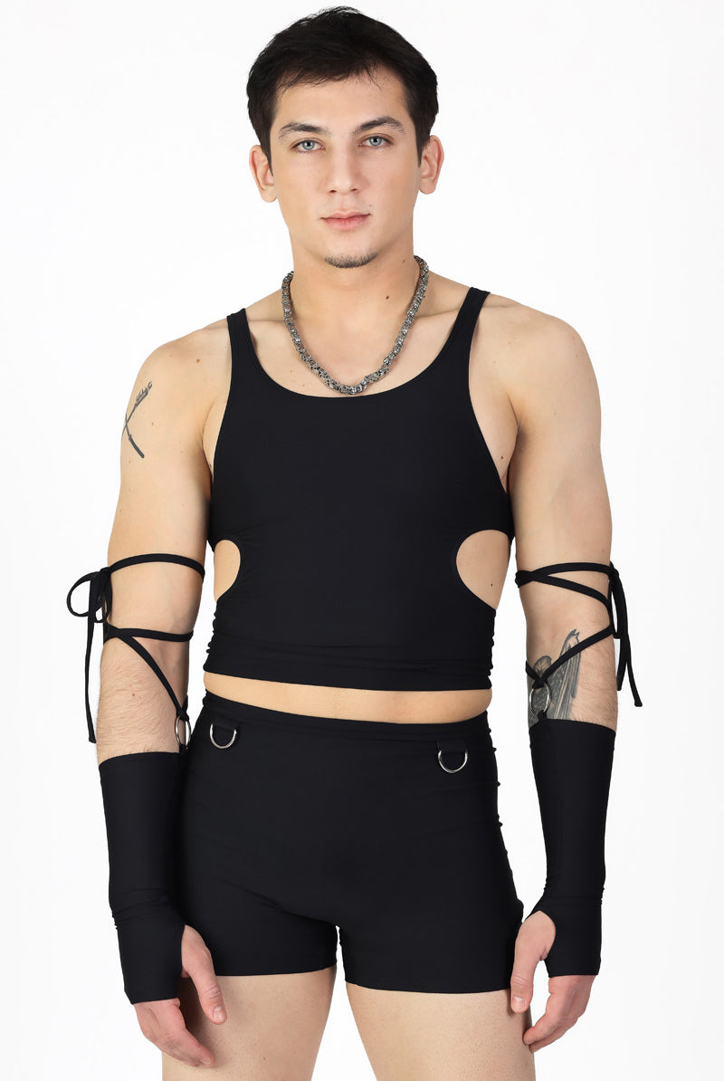 Black Men's High Waisted Shorts Set with Rings Close View