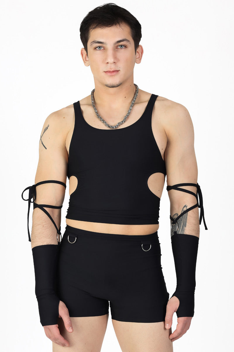 All Black Men's High Waisted Shorts Set with Rings | Devil Walking