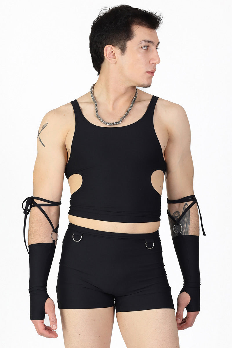 All Black Men's High Waisted Shorts Set with Rings | Devil Walking