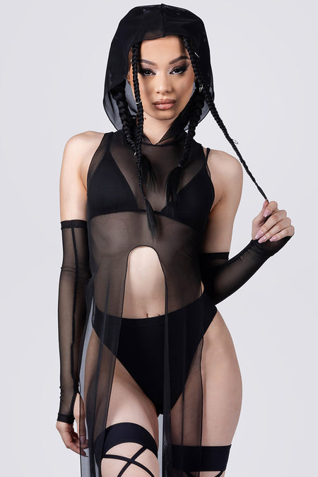 Rave Outfit Black Mesh Hooded Tunic Dress Close View