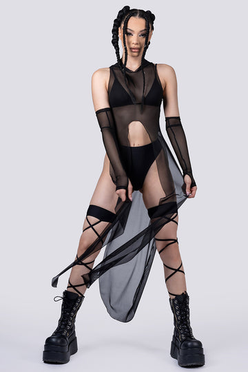 black mesh tunic dress Black Mesh Hooded Tunic Dress