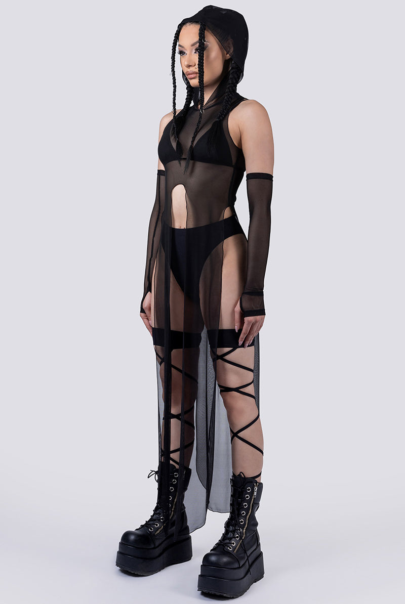 Black Mesh Hooded Tunic Dress