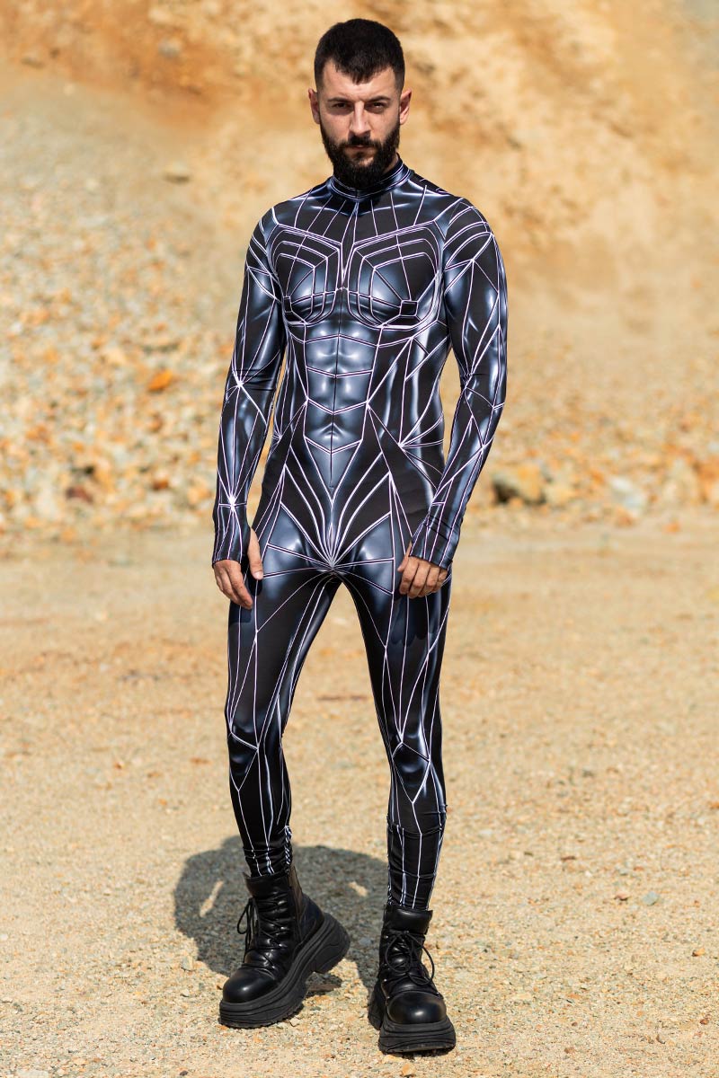 Black Mirror Men Costume, Black Futuristic Halloween Male Costume, Sci-fi High Quality Print One Piece Costume Men, Metallic Full Body Male Costume, L