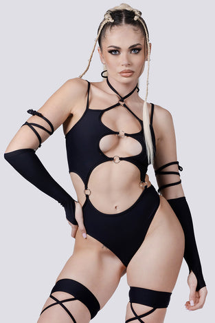 Rave Outfit Black O Ring Cut Out Bodysuit Close Front View