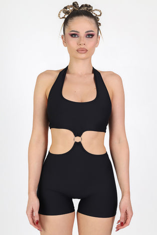 Rave Outfit Black O Ring Halter Romper Close View