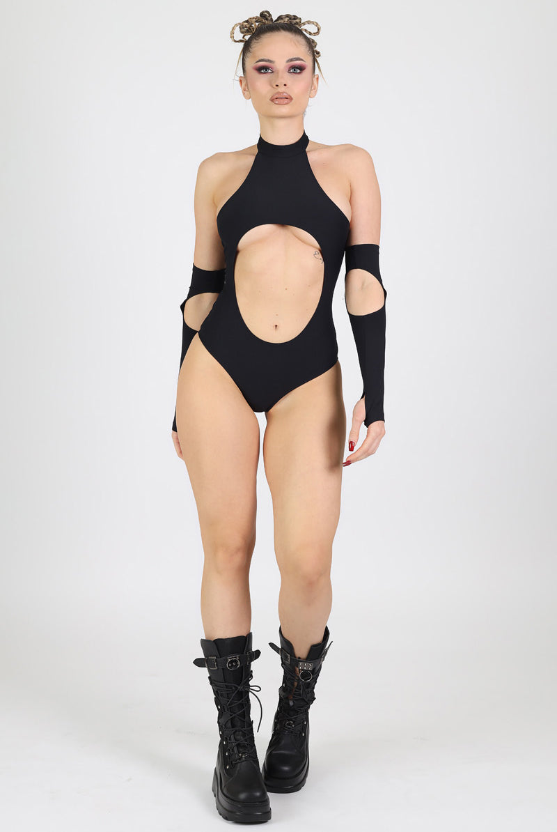 All Black Open Back Bodysuit with Open Front for Rave | Devil Walking All Black Open Back Bodysuit with Open Front for Rave | Devil Walking
