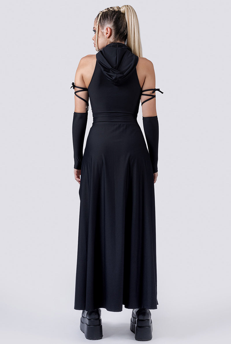 black-open-front-maxi-skirt-set-full-back-view