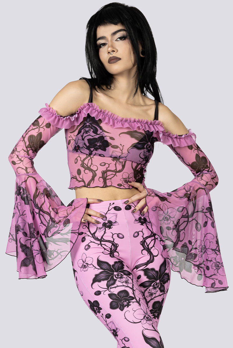 Black Orchid Sheer Off Shoulder Top Close Up Goth Clothing