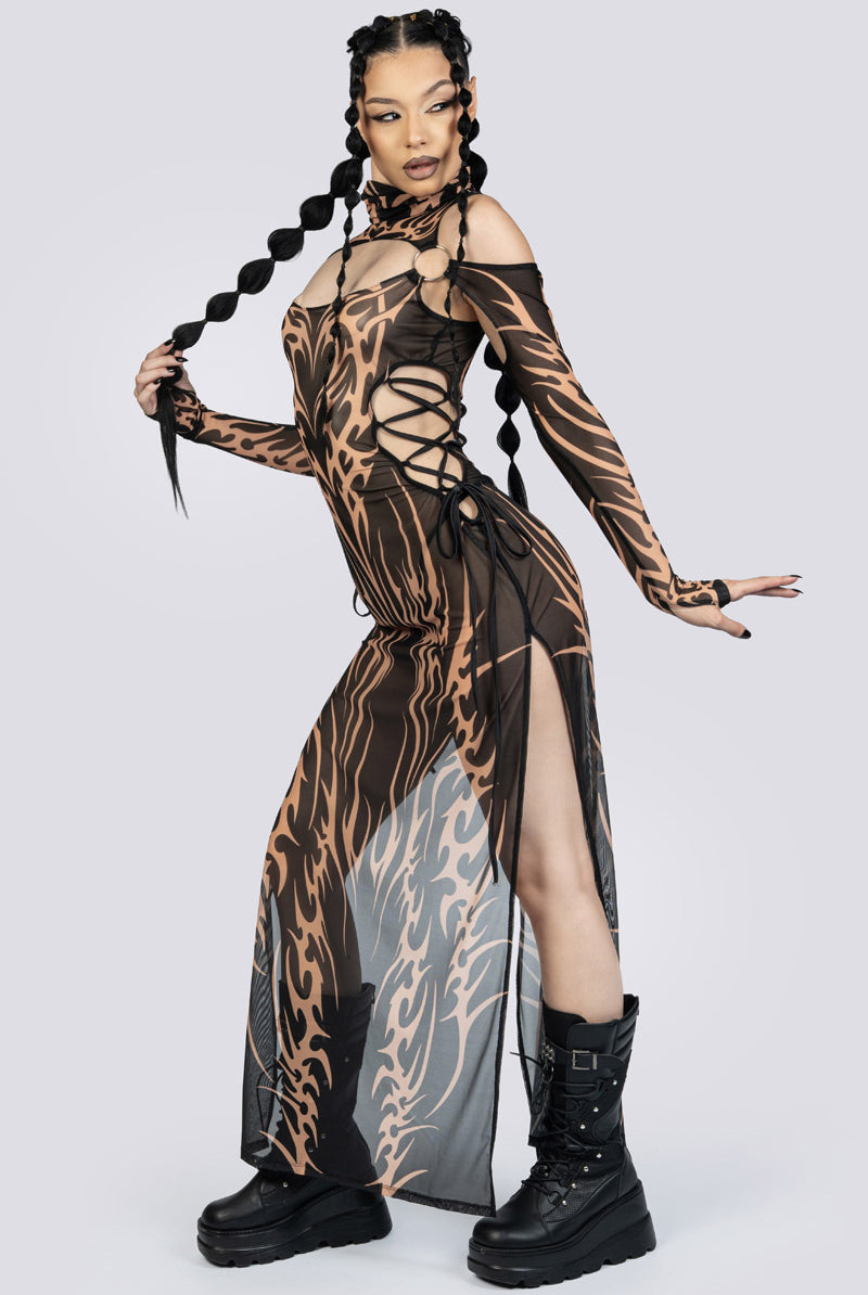 Black Sandstorm Lace Up Maxi Mesh Dress Rave Outfit