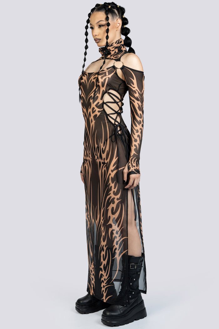 Black Sandstorm Lace Up Maxi Mesh Dress Festival Clothing