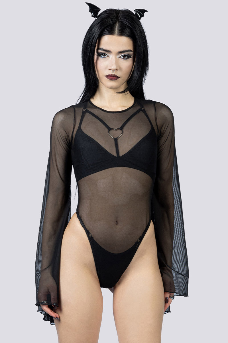 Black Sheer Bell Sleeve Bodysuit Close Up Goth Clothing