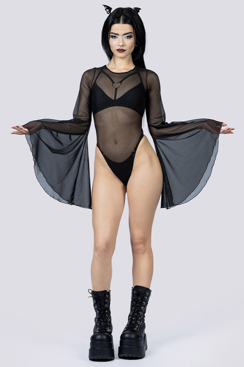 Black Sheer Bell Sleeve Bodysuit Front Gothic Outfits