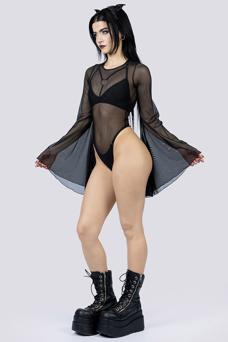 Black Sheer Bell Sleeve Bodysuit Side Goth Wear