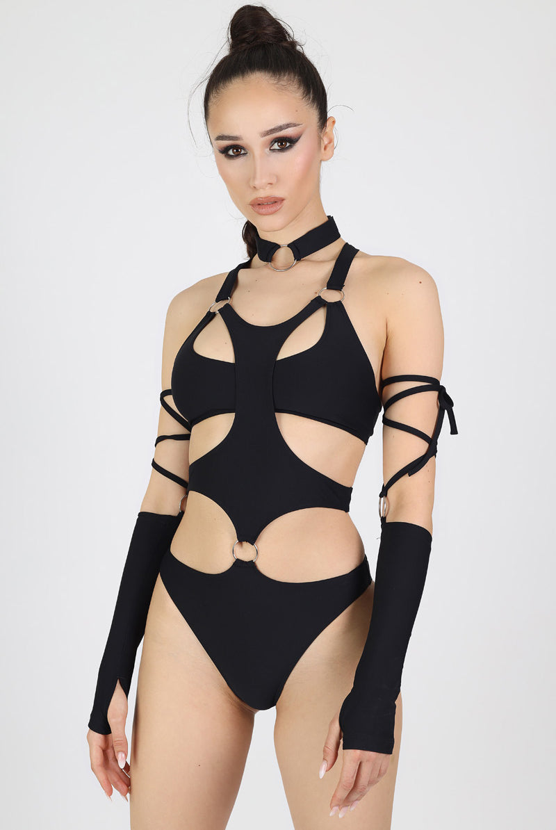 Black Strappy Cut Out Bodysuit Front View