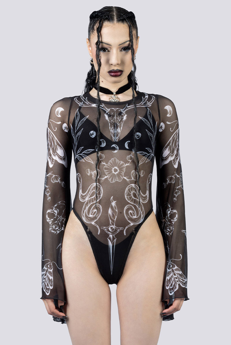 Black Witch Sheer Bell Sleeve Bodysuit Close Up Goth Clothing