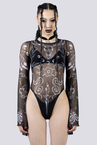 Black Witch Sheer Bell Sleeve Bodysuit Close Up Goth Clothing