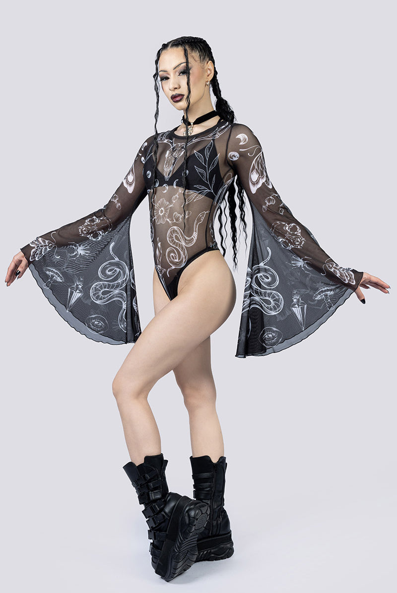 Black Witch Sheer Bell Sleeve Bodysuit Full Body Gothic Outfits