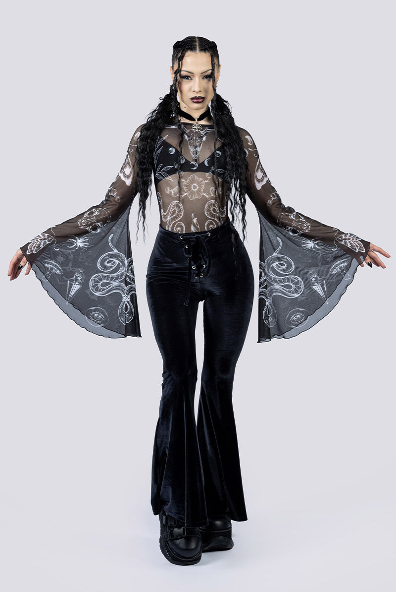 Black Witch Sheer Bell Sleeve Bodysuit Pants Front Gothic Clothes