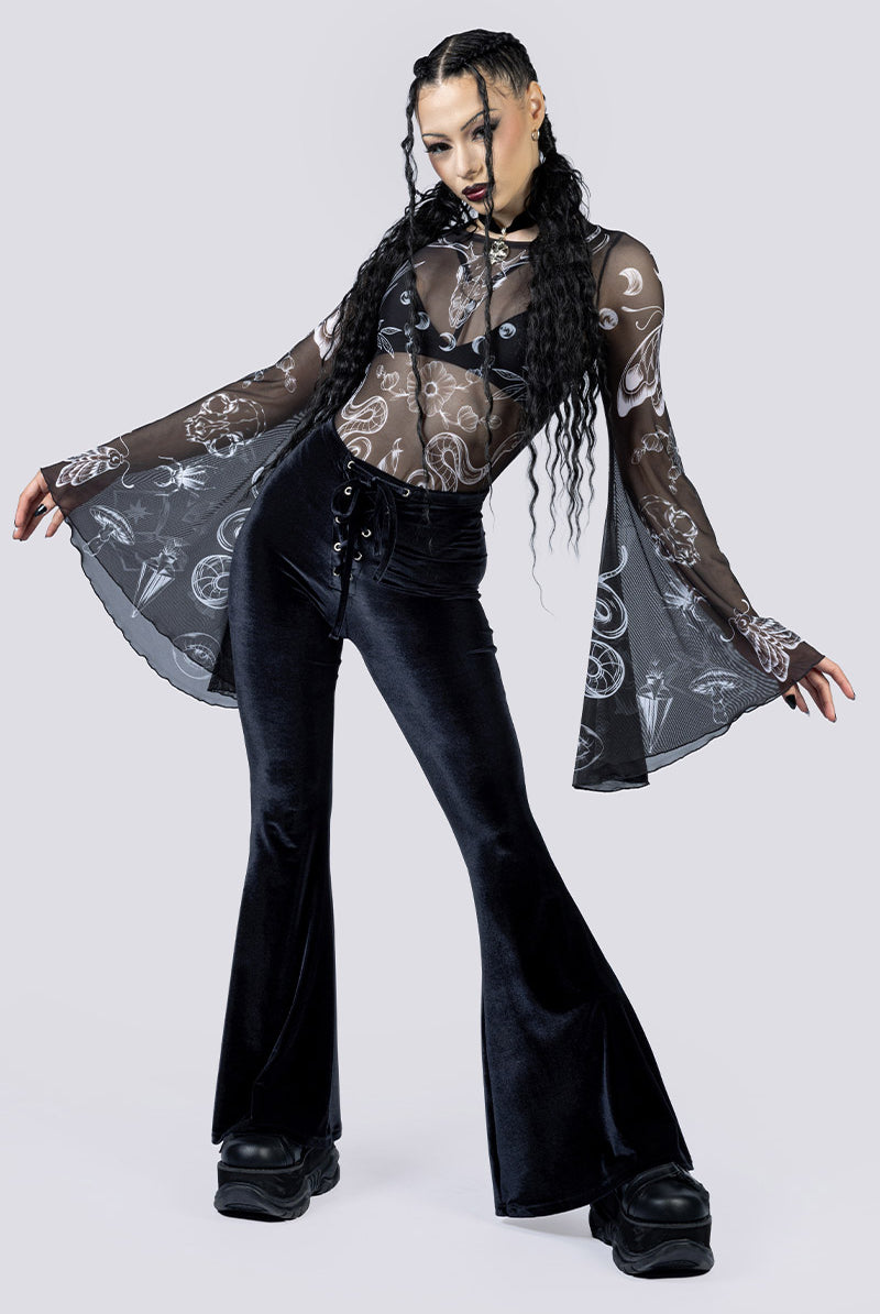 Black Witch Sheer Bell Sleeve Bodysuit Pants Full Body Gothic Clothing