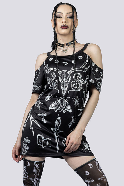 Black Witch Tee Shirt Dress Close Up Goth Clothing