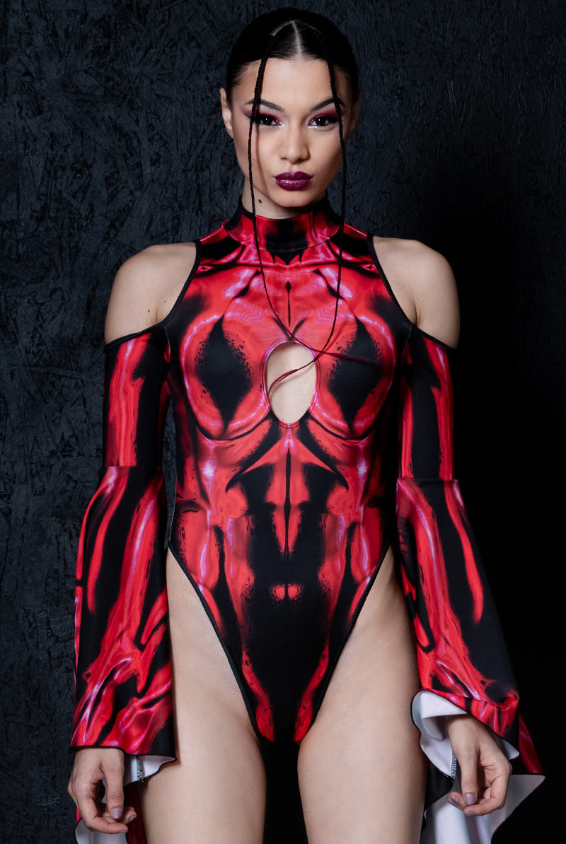 Bloodlust Devil Cut Out Flare Sleeve Thong Bodysuit Close View