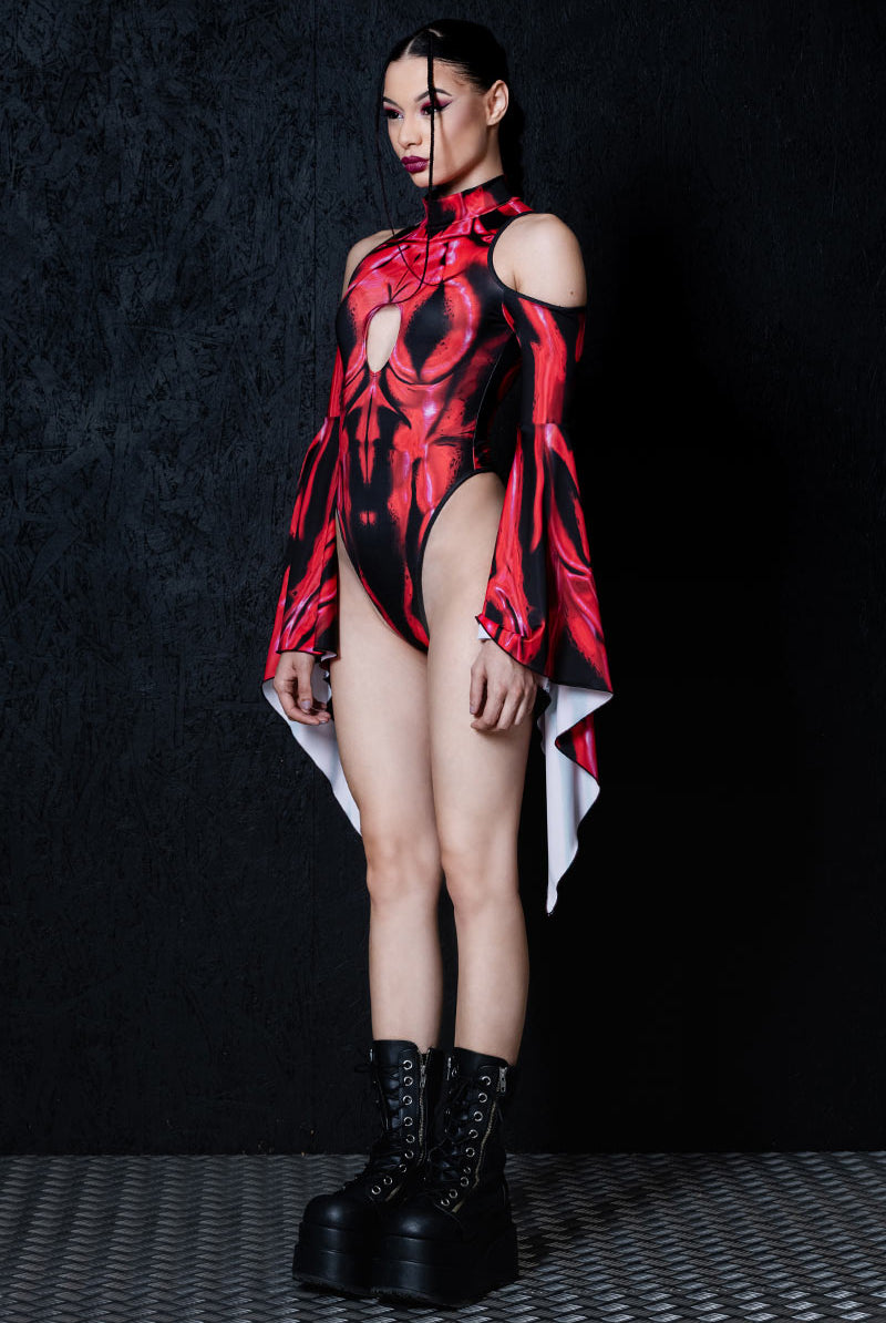 Bloodlust Devil Cut Out Flare Sleeve Thong Bodysuit Side View