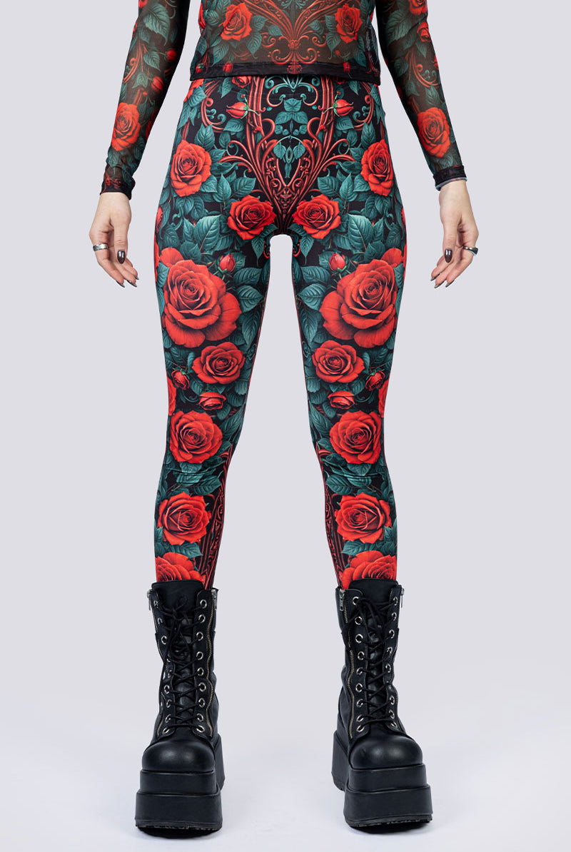 Bloodrose Leggings Close Up Goth Clothing