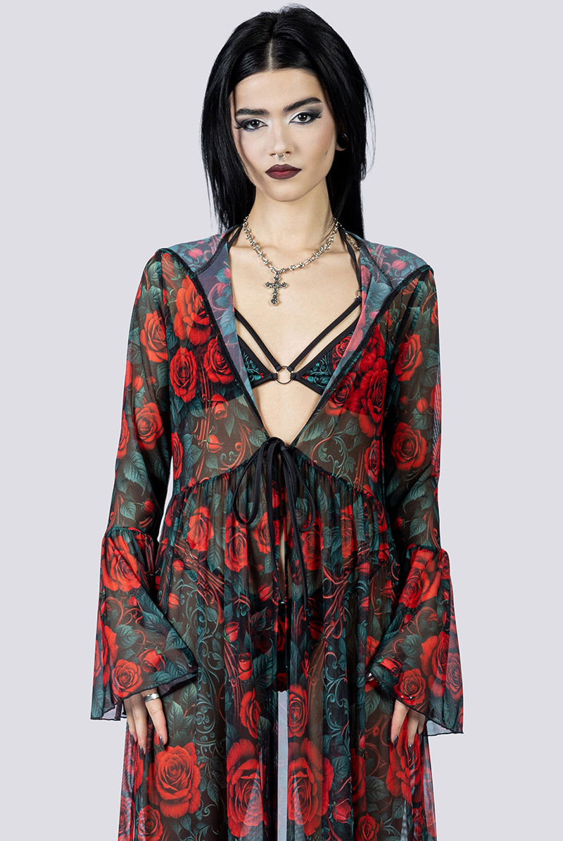 Bloodrose Sheer Robe Close Up Goth Clothing