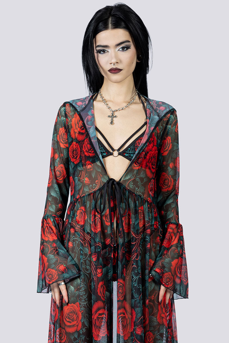 Bloodrose Sheer Robe Close Up Goth Clothing