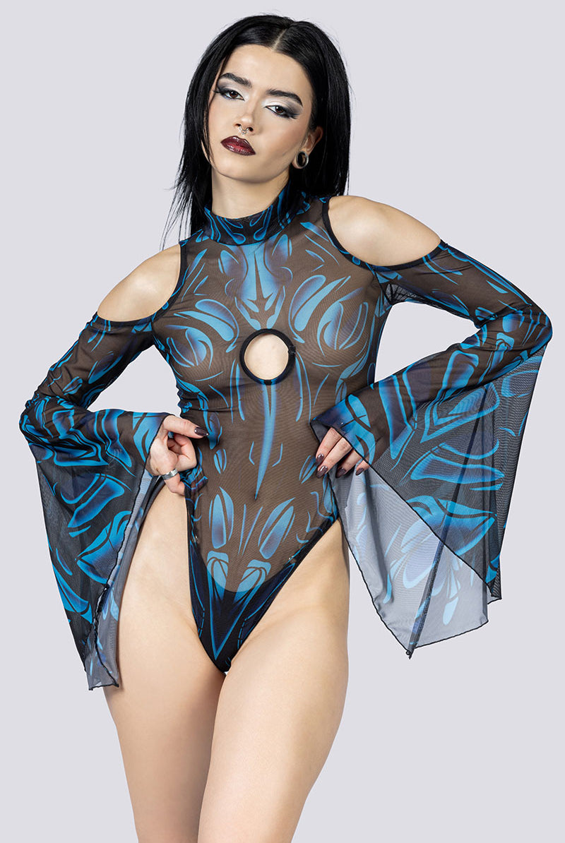 Blue Hex Sheer Cold Sholder Bodysuit Goth Clothing