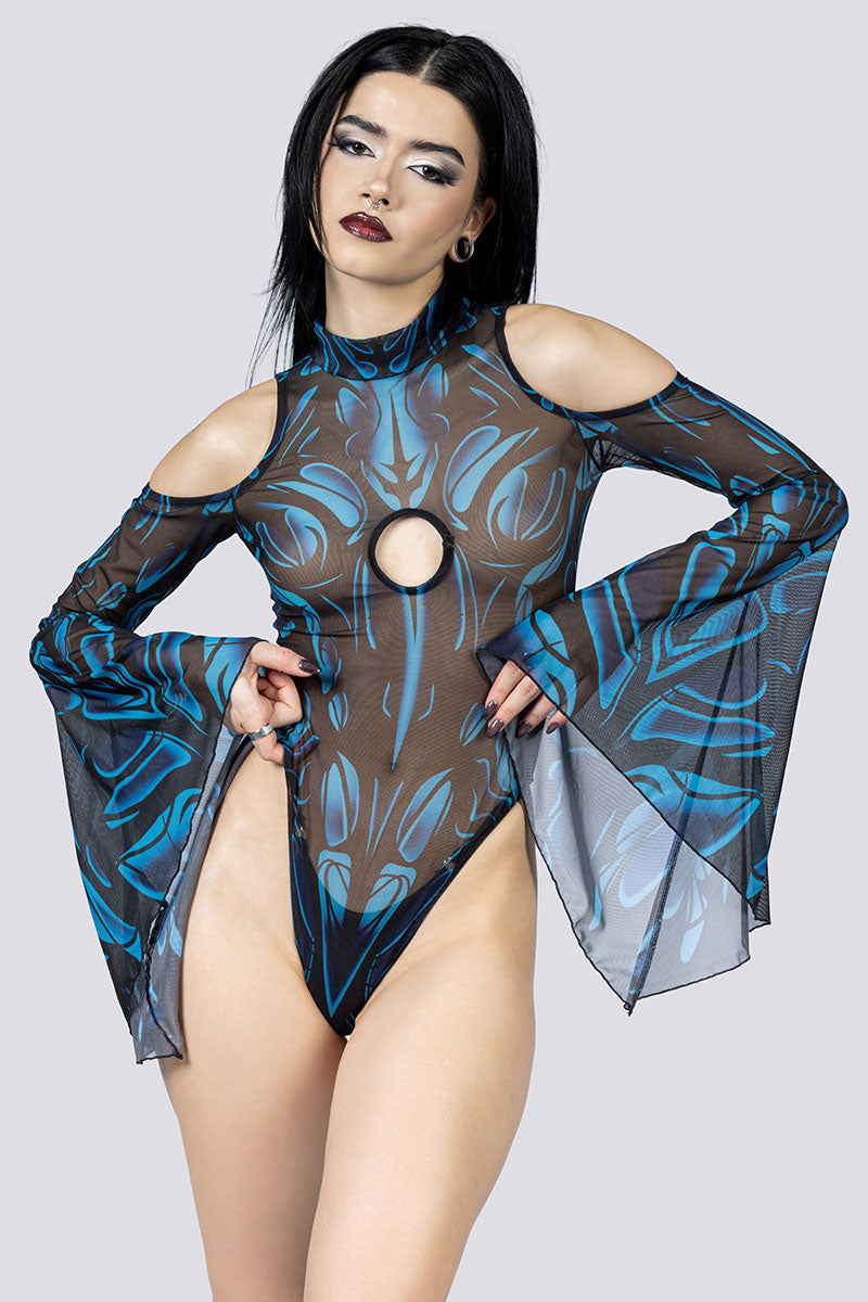 Blue Hex Sheer Cold Sholder Bodysuit Goth Clothing