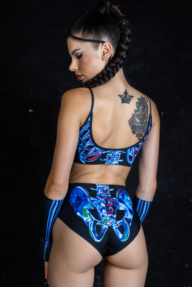 Blue Sapphire Skeleton Booty Shorts, Blue Cheeky Halloween Rave Booty Shorts, Skeleton Printed High Rise Shorts, High Cut Polyester Bottoms for Women, Blue Sapphire Skeleton Booty Shorts, Blue Cheeky Halloween Rave Booty Shorts, Skeleton Printed High Rise Shorts, High Cut Polyester Bottoms for Women,